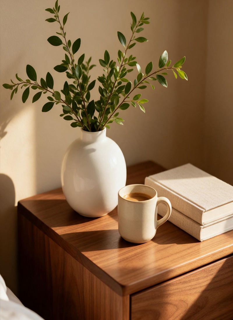 Bedside table with white vase, coffee mug and books