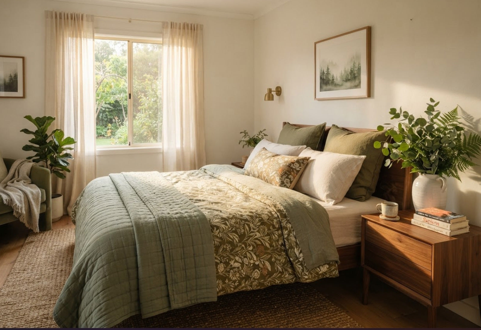 Sunday morning bedroom with olive botanical linen bedding